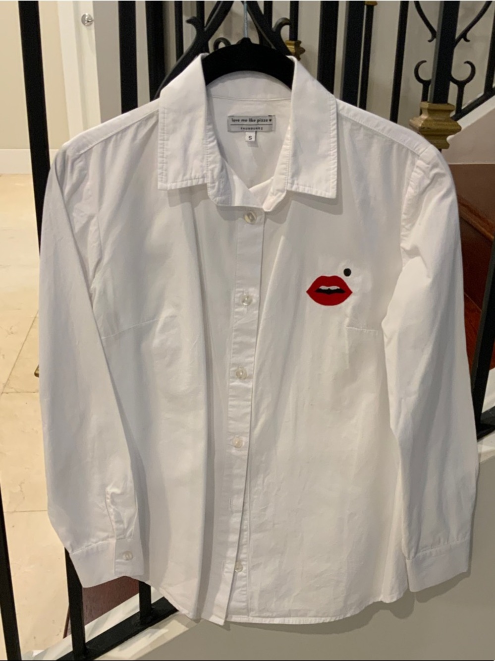 White Button-Down Shirt with Red Lip Embroidery - Women